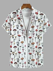 Men's All Over Mushroom Print Short Sleeve Shirt, Regular Fit Casual Comfy Button Front Collared Top for Summer, Fashion Men's Clothes for Daily Wear, Casual Soft Shirt
