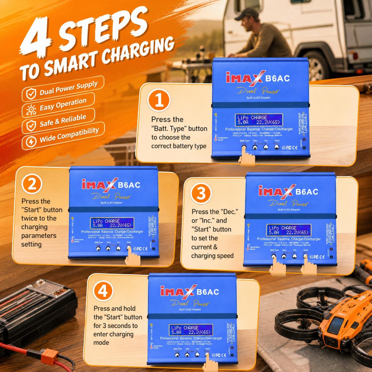iMAX B6AC Smart RC Battery Charger, Dual Power Balance Manager, Multi Safety Protection Including Overheat Safe, Impact Resistant, Outdoor-Validated for All RC Model Lithium Batteries, Outdoor Test Sites