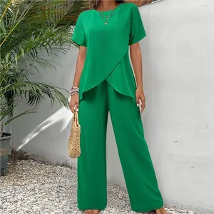 2026 Summer New Women's Clothing Two-piece Set Short Sleeve Pullover Round Neck Loose Casual Irregular Set