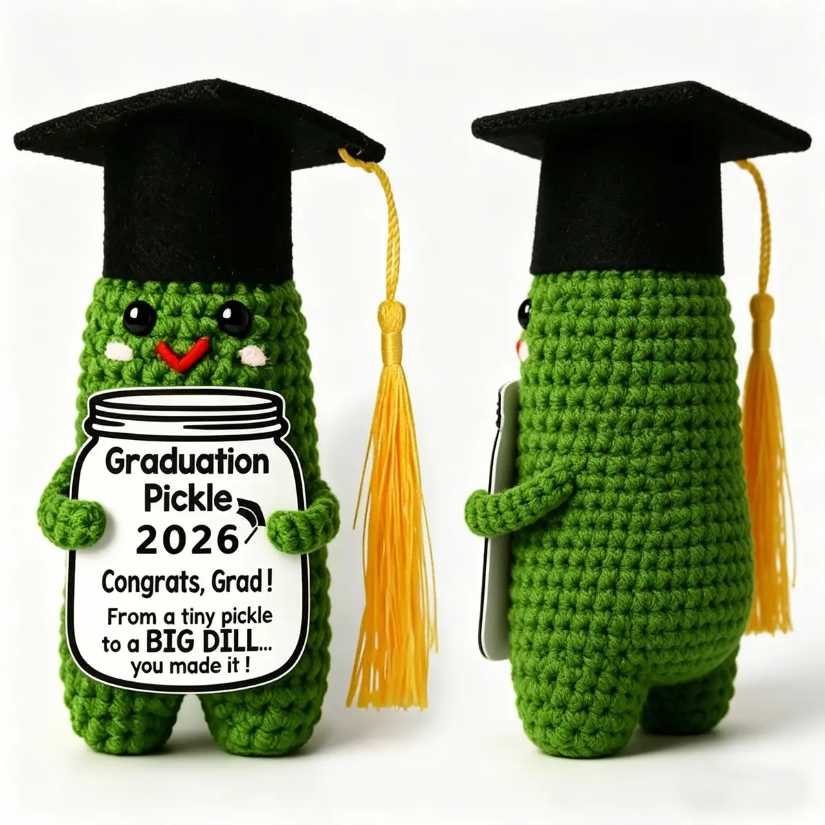 Handmade Crochet Pickle Plush, 2026 Graduation Keepsake with Doctoral Hat, Soft Unique Unisex Gift for High School & College Grads, Graduation Message, High School, College, And University Grads, Soft And Cute, Unique Gifts, Manual, Huggable Collectible,,