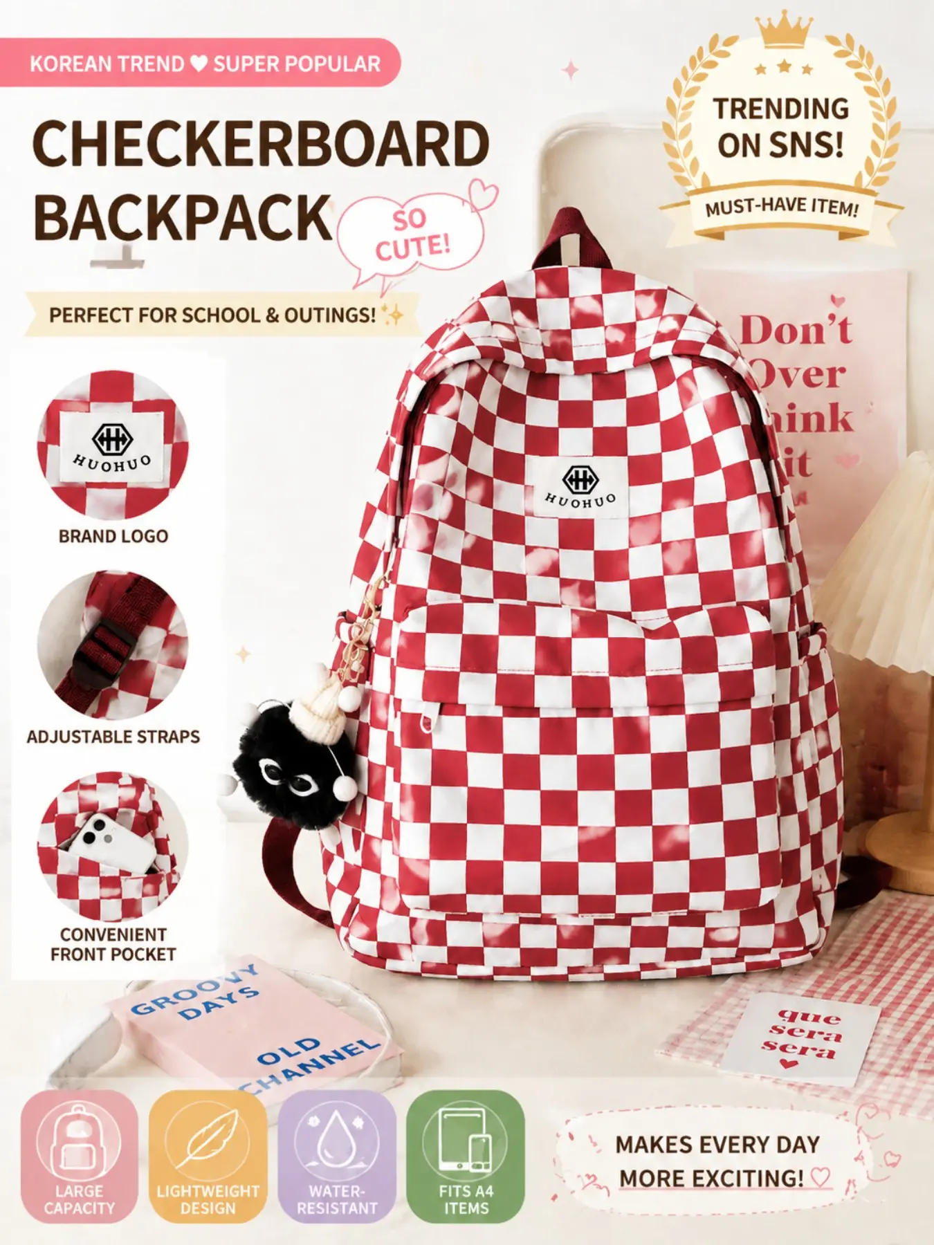 Korean Trendy Checkered Backpack, Plaid Pattern Backpack, Large Capacity, Lightweight, Waterproof, Ideal for Students, Daily Use, Fashionable School Bag