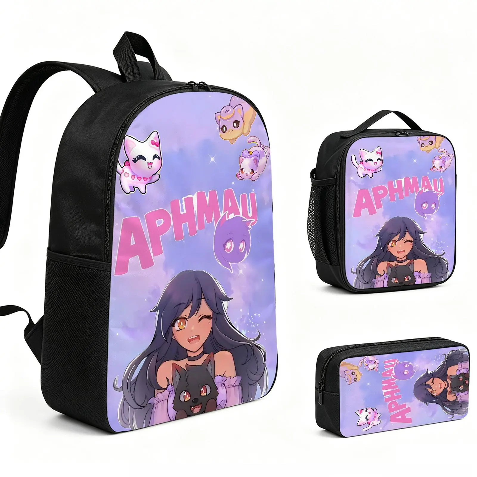 aphmau Backpack 3pcs Set with Vibrant Print, Durable School Bookbag with Insulated Lunch Tote and Pencil Bag for Teens Boys Girls, Multi-Functional Laptop Travel Daypack Gift for Kids L-179