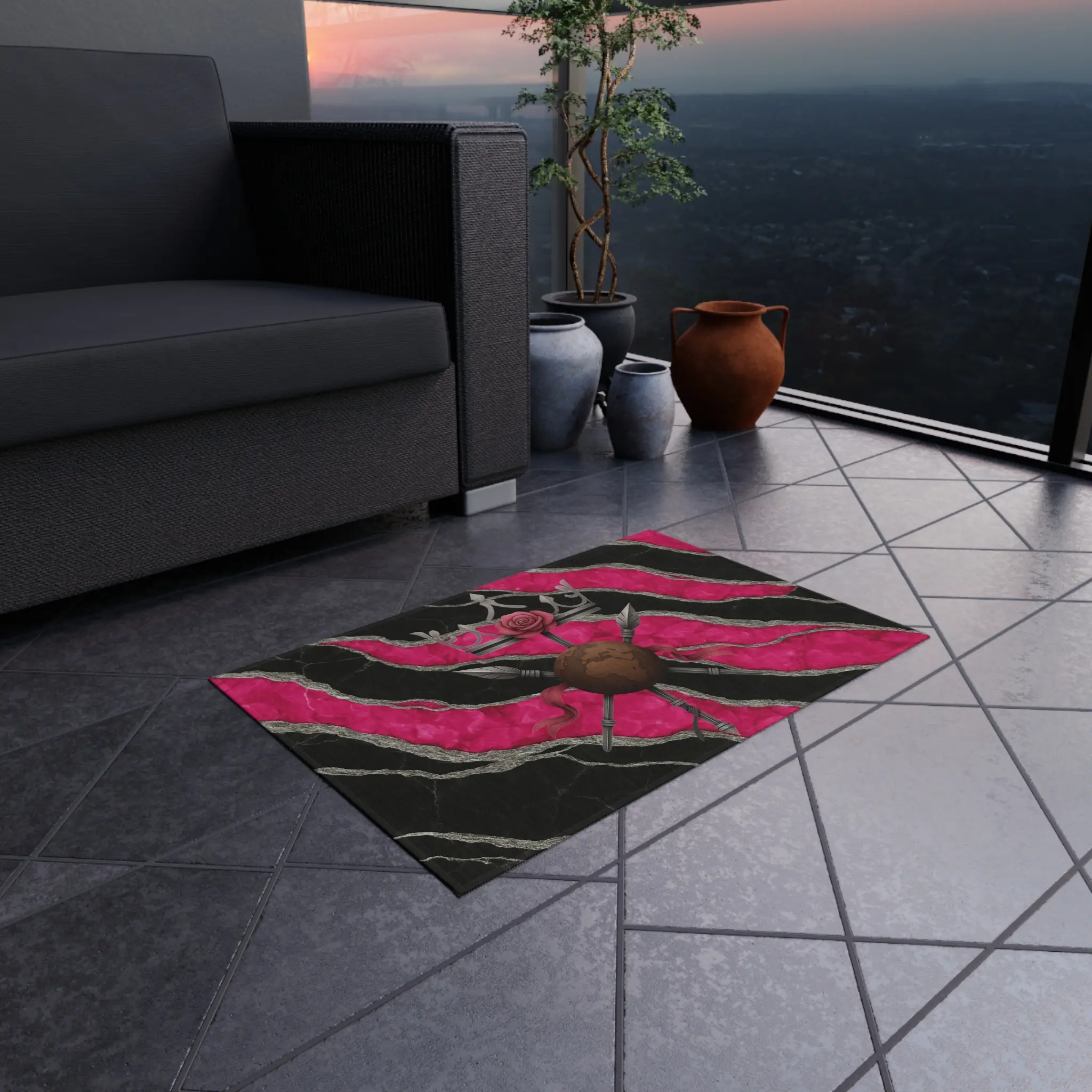Blossoming Guard Emblem Outdoor Area Rug, Pink Silver & Black Marble Fantasy Patio Décor, Brown and Brilliant Luxury Rug