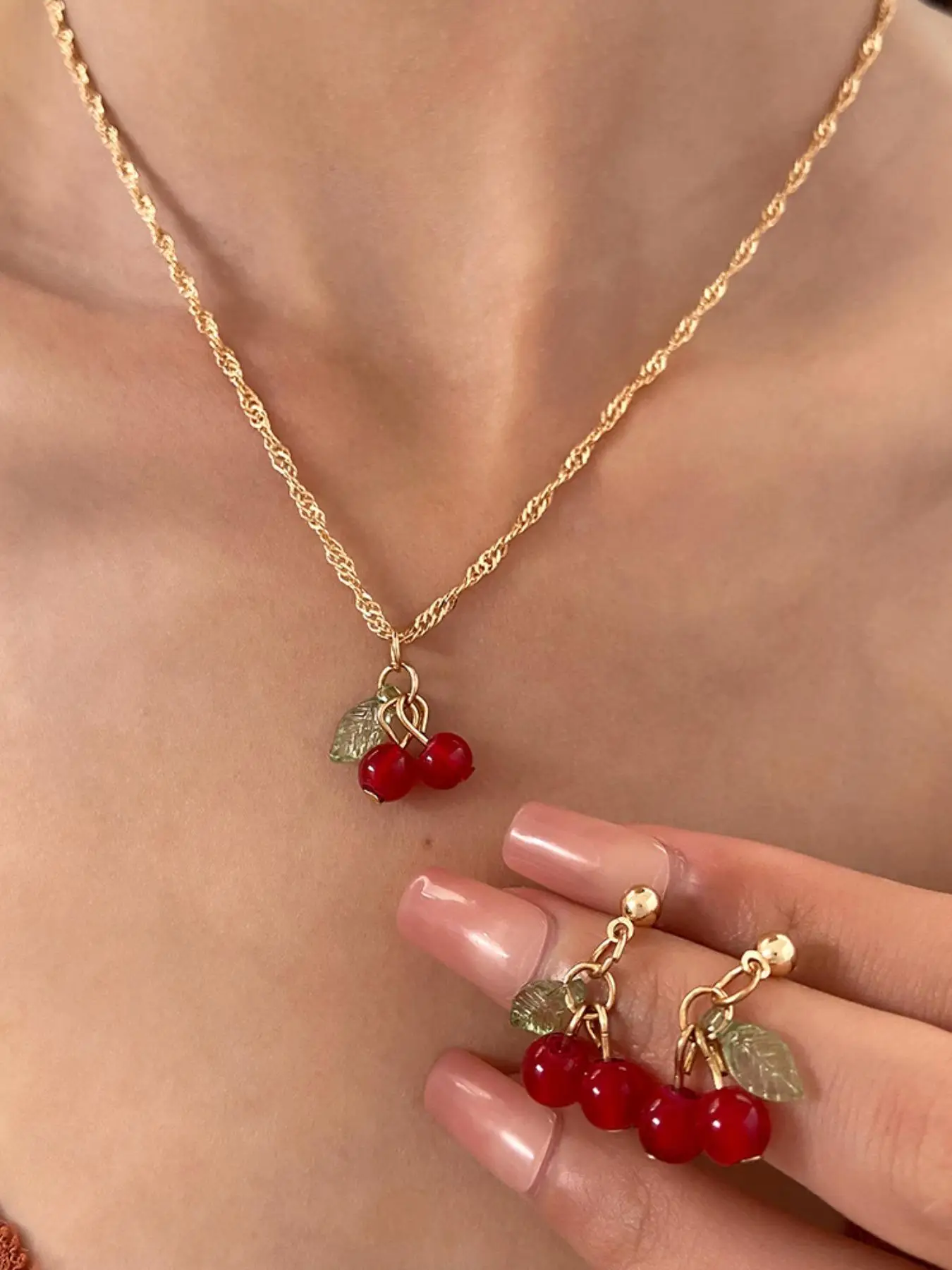 Cute Cherry Design Pendant Necklace & Dangle Earrings, Fashion Jewelry for Party, Daily Clothing Decor, Trendy All-match & Exquisite Jewelry for Birth