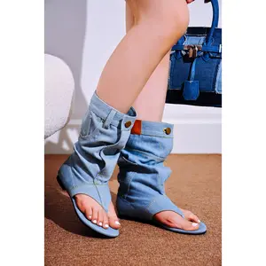 Matie Y2K Denim Slouchy Thong Sandal Boots - Denim Girl Women