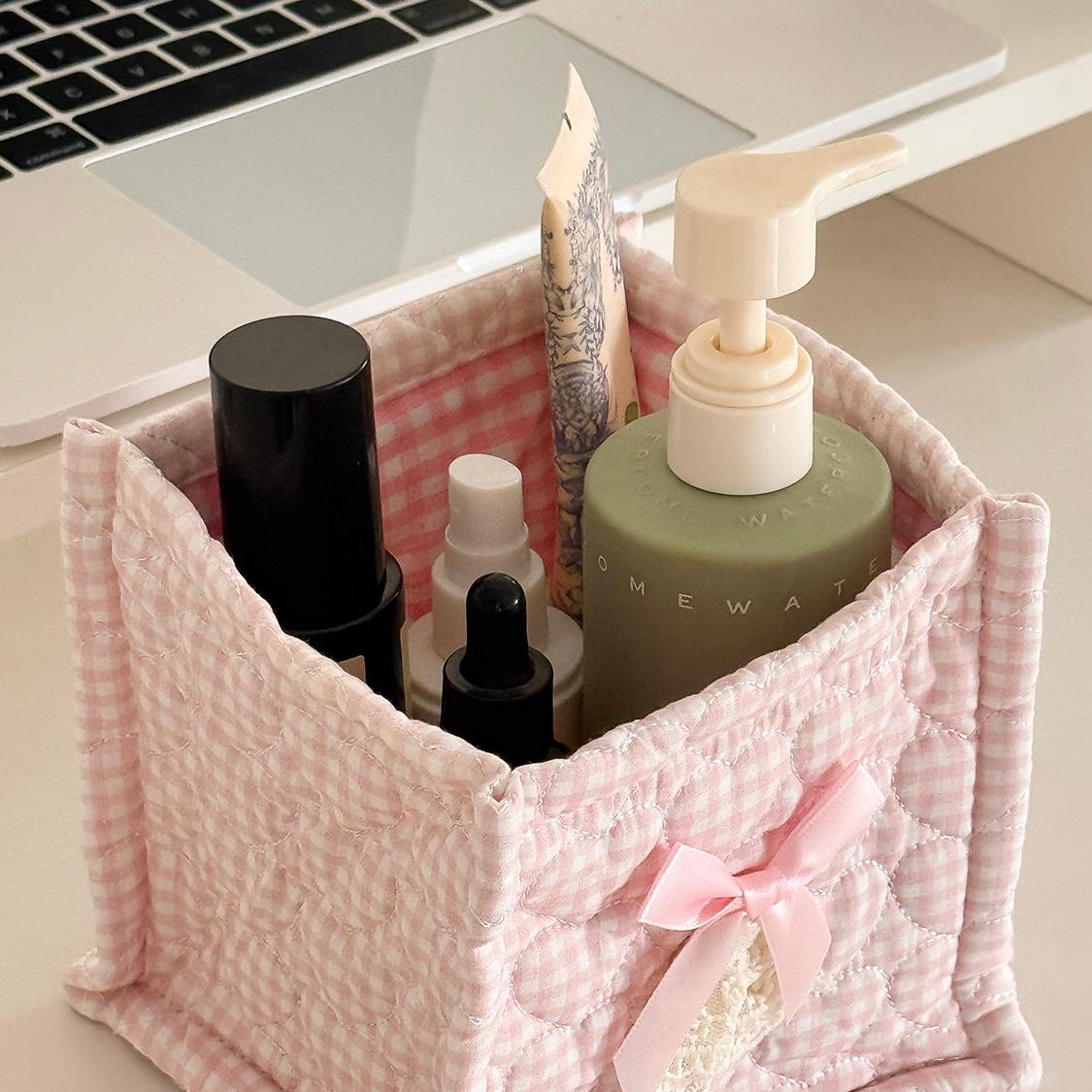 Bow stitched desktop storage box, small bear floral fabric storage basket, girly cosmetics organizer