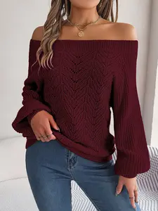 Autumn Winter Elegant Plain Hollow Out Off Shoulder Knitted Sweater,2026 Casual Women's Lantern Long Sleeve Pullover Sweater,Pink Burgundy Valentine's Day Cute Tops for Women Knit Design Fited Outfits