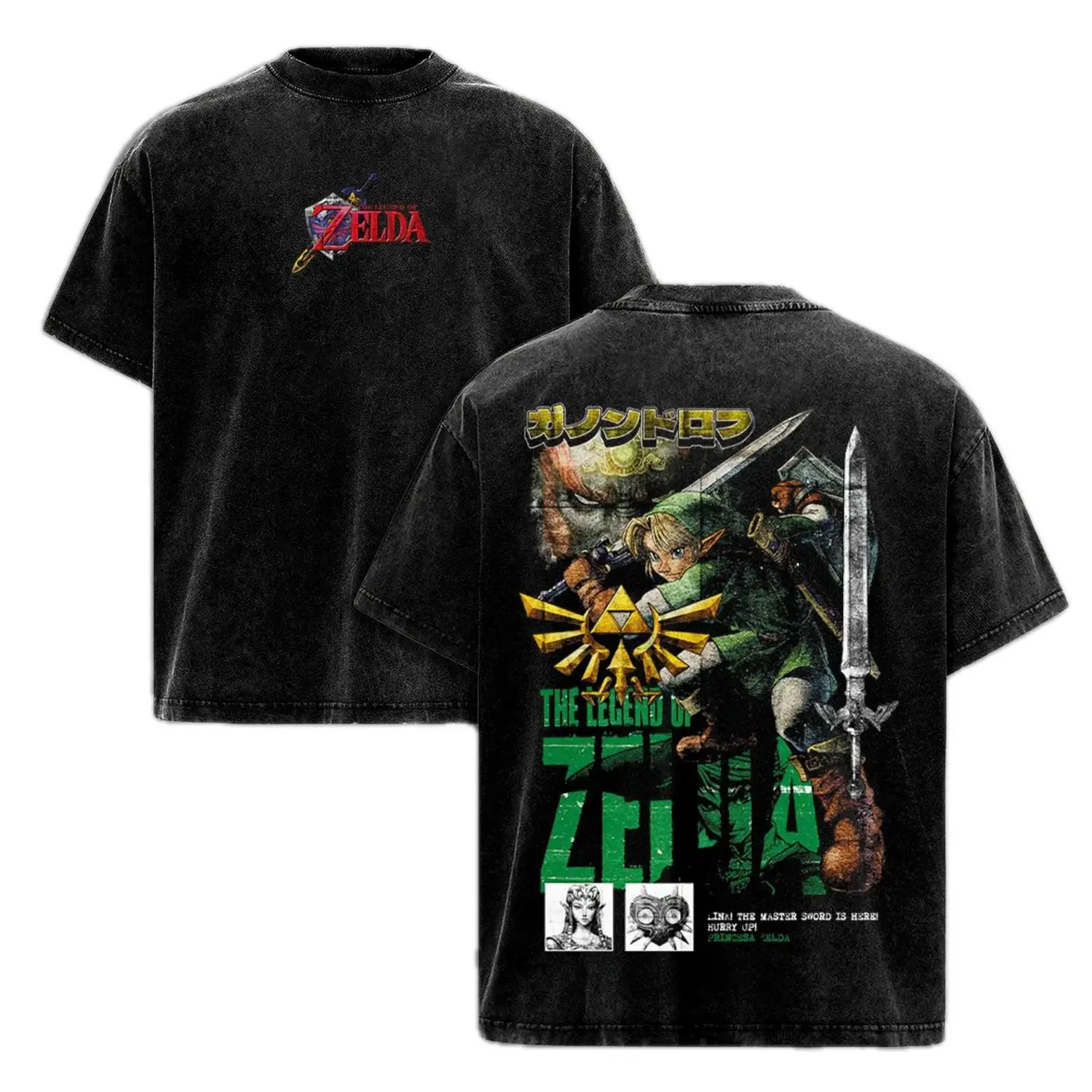Women's Thrift Distressed Vintage Adventure Garments, Seamless Shortsleeve Grunge Casual T-Shirt - Big Zelda Link Master Sword Collage Graphic Back, Mini Black-Pattern Printed Logo Chest, Day Wear