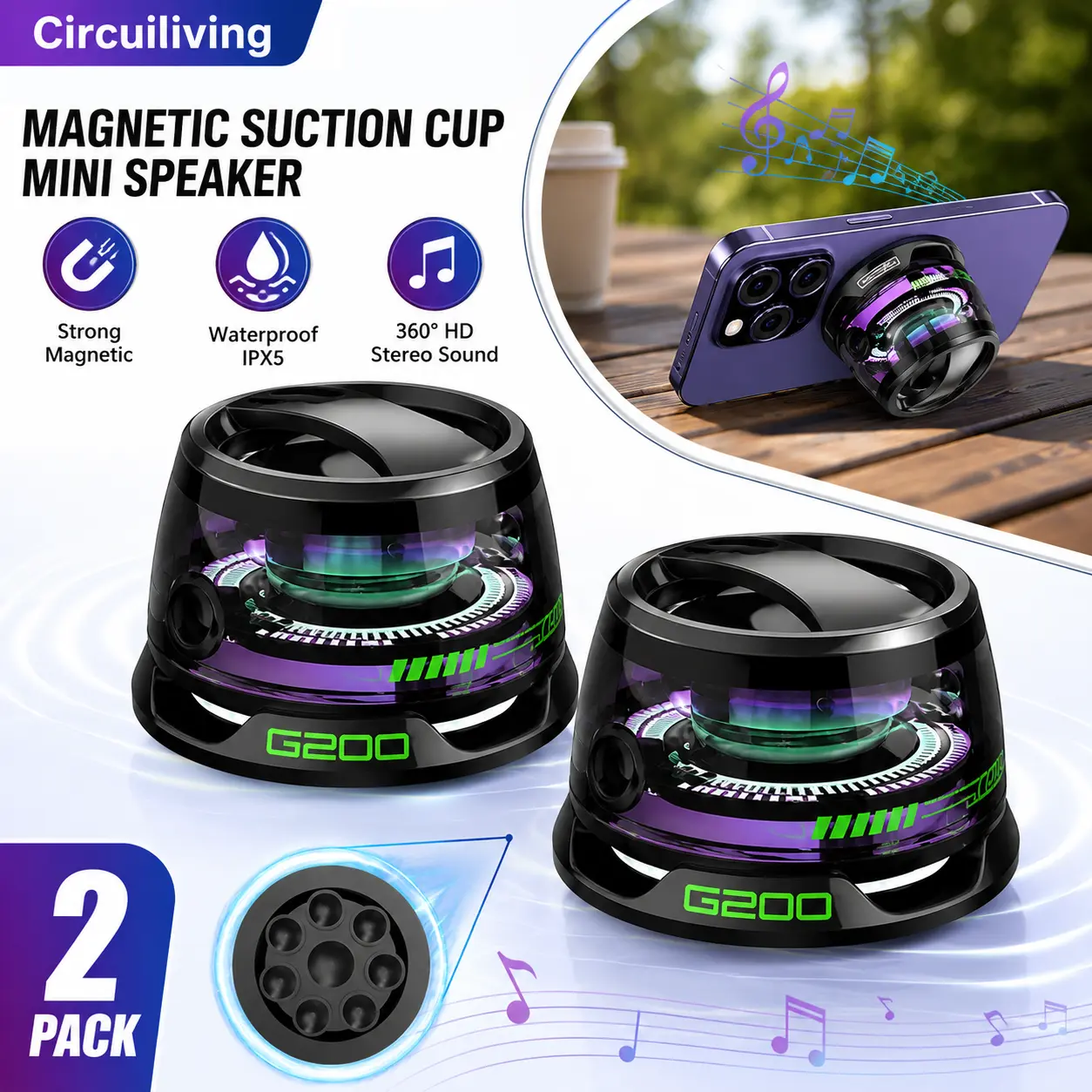 G200 RGB Magnetic Bluetooth LED Speaker - Portable Waterproof Wireless Speaker with Strong Bass, TWS Stereo Pairing, Phone Stand Design, 5H Playtime for Phones Tablets (Compact Bluetooth Induction, Customizable for Campfire-BBQ Party), Wireless Speakers