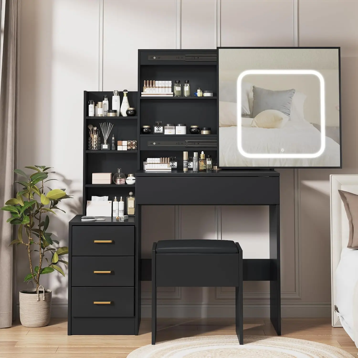 Black Vanity Desk - LED-Accented Contemporary Glam Indoor Furniture with Sliding Built-In Mirror, Touch-Activated 3-Color Lights, Power Outlet, 4 Drawers, Stool, Open Shelves, Easy Setup for Friends, Mothers