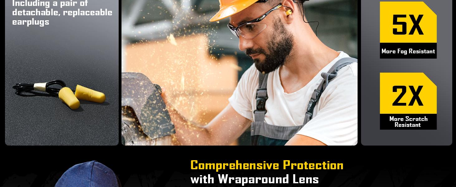 COOLJOB Safety Glasses with Corded Earplugs, ANSI Z87.1 Impact Resistance and UV Proof, Protective Eyewear with Clear Lenses