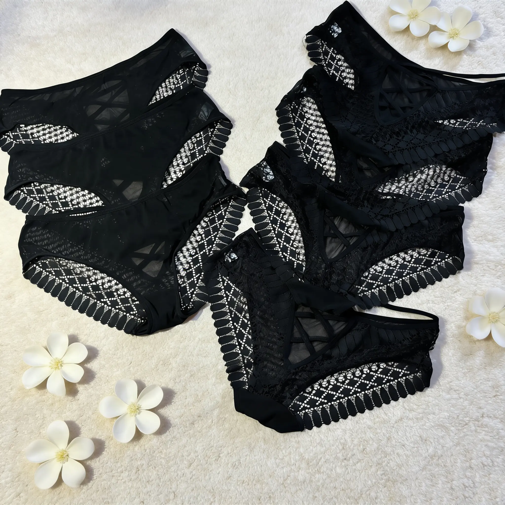 DORSU 7PCS Sexy Charming Fashion Lace Trim Hollow Out Thong Breathable Comfortable Buttocks Lift Tummy Control Cross Strap Women Panties