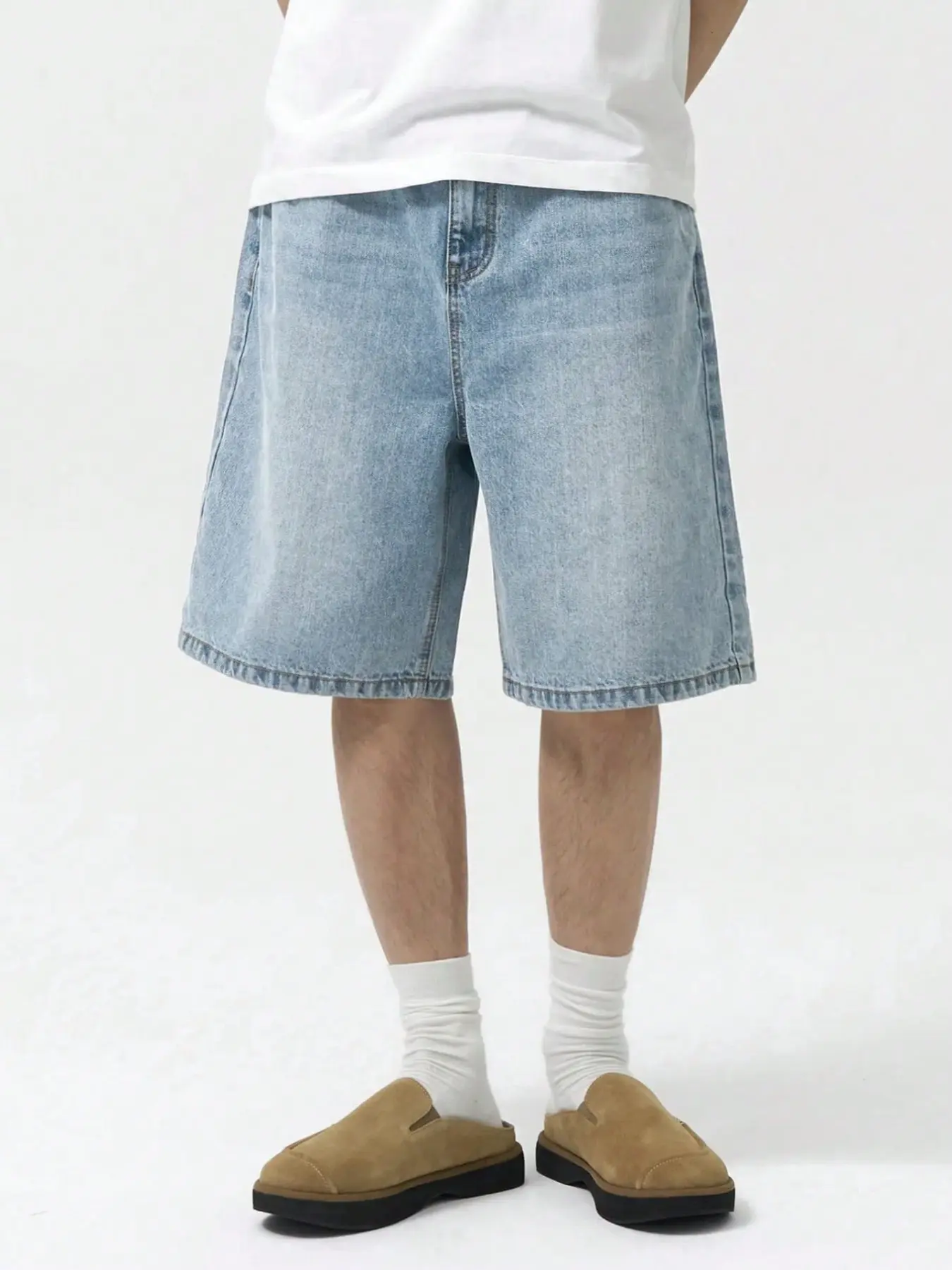 Men's Summer Loose Fit Baggy Denim Shorts with Pocket, Casual Streetwear Fashion Plain Medium Wash Blue Washed Jeans, Comfortable and Versatile, Perfect for Daily Wear