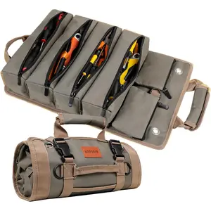 Roll Up Tool Bag, Heavy Duty Portable Tool Organizer with 2 Detachable Pouches and 4 Compartments, Water-Resistant Canvas Tool Roll for  Garage Electrician Mechanic Handyman (Army Green)