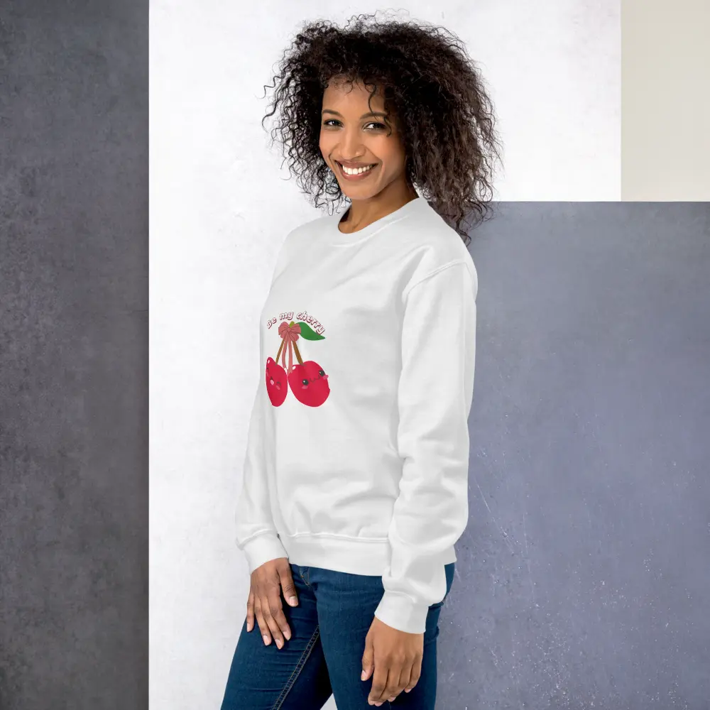 Cherry Sweatshirt - Pink Color with Cute Cherry Design and Text "Be My Cherry" Graphic for Summer Casual Wear Long Sleeve