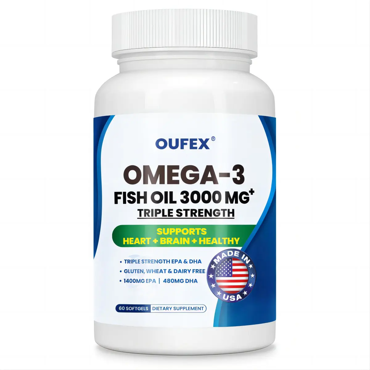 Oufex Omega-3 Fish Oil Supplement, Triple-Strength Gold Nutritional Softgels — contains fish oil,EPA, DHA. Supports heart and brain health. Edible Optimum