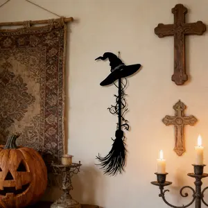 1 piece of retro witch broom metal mural wall hanging ornament - rust proof iron Halloween decoration with black hat and feather broom, perfect for scary home or garden displays, ideal gift for witches, Halloween decoration
