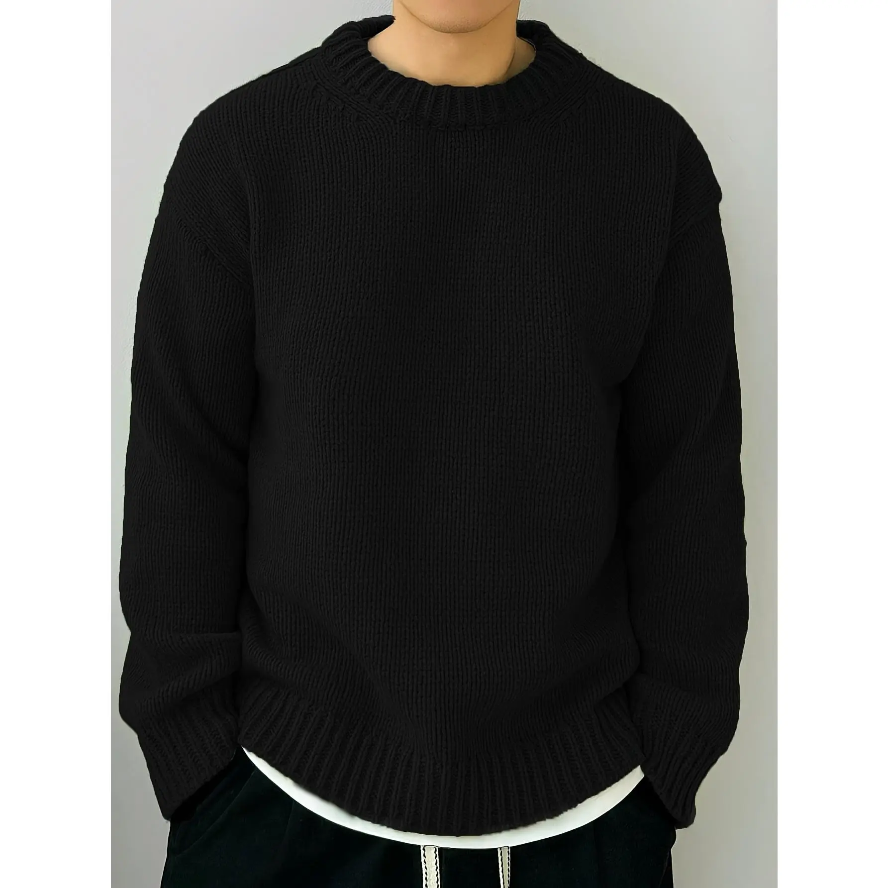Men's Oversized Loose Chunky Acrylic Knit Crew Neck Full Length Pullover Sweater, Relaxed Drop Shoulder Plain Menswear Top for Casual Streetwear Fall Winter Outfits, Beige, Long Sleeve