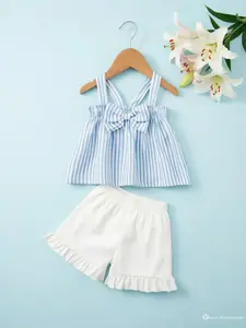 Girls' Summer New Butterfly Knot Striped Halter Two-Piece Set, Sleeveless Top with Large Bow, Ruffle Shorts, Sweet Casual Style