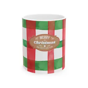 ECF Christmas Plaid Ceramic Mug 11oz & 15oz Durable Holiday Coffee Cup with Red Gingham Pattern & Vintage Message Perfect for Christmas Morning Drinks