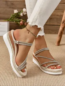 New Rhinestone Thick Sole Sandals for Dresses, Summer Trendy Outdoor Casual Roman Sandals, Two-Wear Large Size Sandals