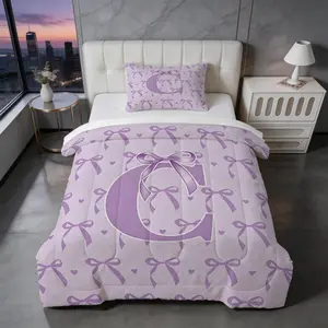 2/3 Piece A-Z Initial Letter Purple Bow Comforter Set, 1 Comforter + 1/2 Pillowcases, Soft Polyester Microfiber Coquette Aesthetic Bedding, Personalized Bedroom Decor for Girls Teens & Women, Ideal Birthday Gift