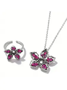 Fashion Stranger Things Moth Rhinestone Adjustable Ring Pendant Necklace Set, Alloy Material, Colorblock Pattern, Street Style Jewelry