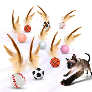 TxfnY 9PCS Interactive Feather Ball Toy for Cats, New Cat Bouncy Ball with Feather Tails, Elastic Cat Toy Balls for Indoor, Rolling Balls for Cats Playing Exercise