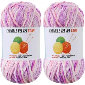 2 * 100g Velvet Chenille Chunky Yarn, Handcrafts Weaving Soft Chenille for Crocheting Clearance, Used for Making Baby Blanket Clothes Knitting Creations (Pastel Purple)