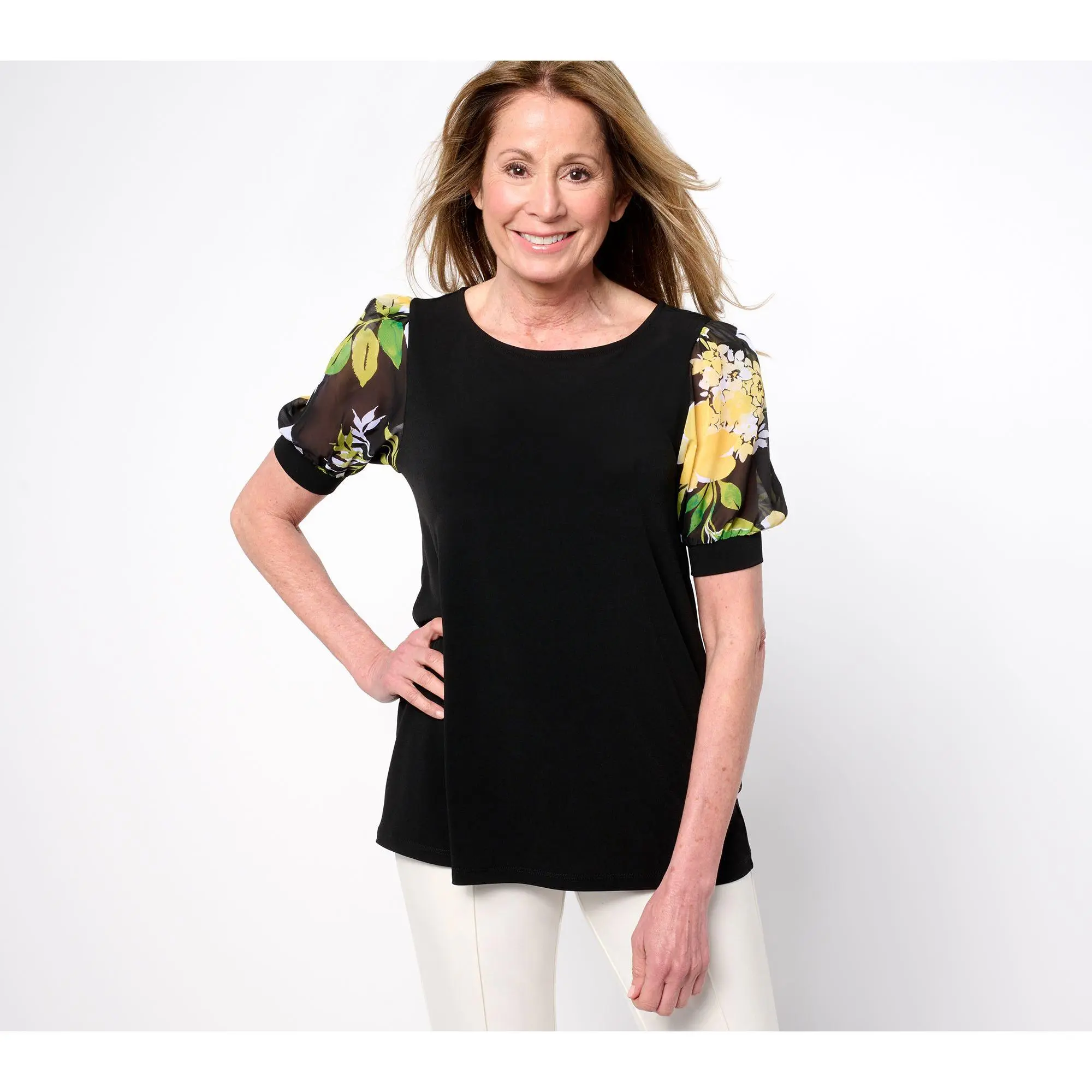 Susan Graver Regular Liquid Knit Scoop Neck Top with Woven Printed Sleeves