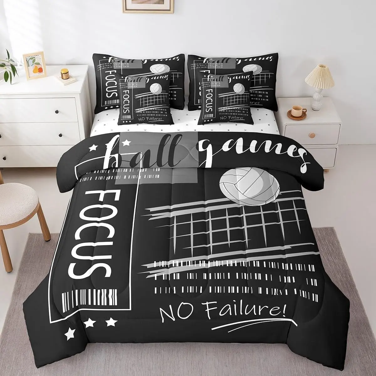 7 Piece Volleyball Comforter Set,Black White Sports Bedding Sets,Volleyball Ball Games Bed in a Bag with Fitted Sheet,Flat Sheet,Pillowcases & Shams, Bed Sheets