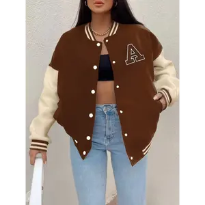 Casual Color Block Letter Print - Women's Crop Bomber Jacket - Button Front Pockets fumi puffer jacket Tops Collar Winter Fabric Womenswear Outerwear