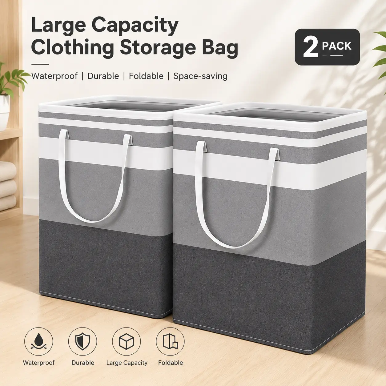 2-Pack Square Cotton Flax Waterproof Laundry Baskets, Freestanding Foldable Tall Clothes Storage Basket Set with Extended Handles, 75L Home Organizer for Dorm & Family Use
