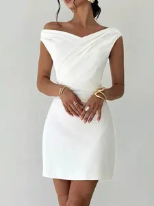 Women's Basic Elegant Sleeveless Off-Shoulder Draped Mini Dress - Polyester-Spandex Fabric, Style-Focused Casual Womenswear