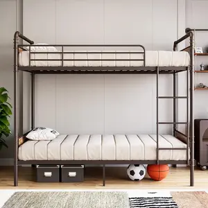 Heavy-Duty Metal Loft Bed - Twin Over Twin, High Rail, Ladder, Convertible Separable Unit, Wood Accents, No Box Spring Needed, Brown Frame for Kids