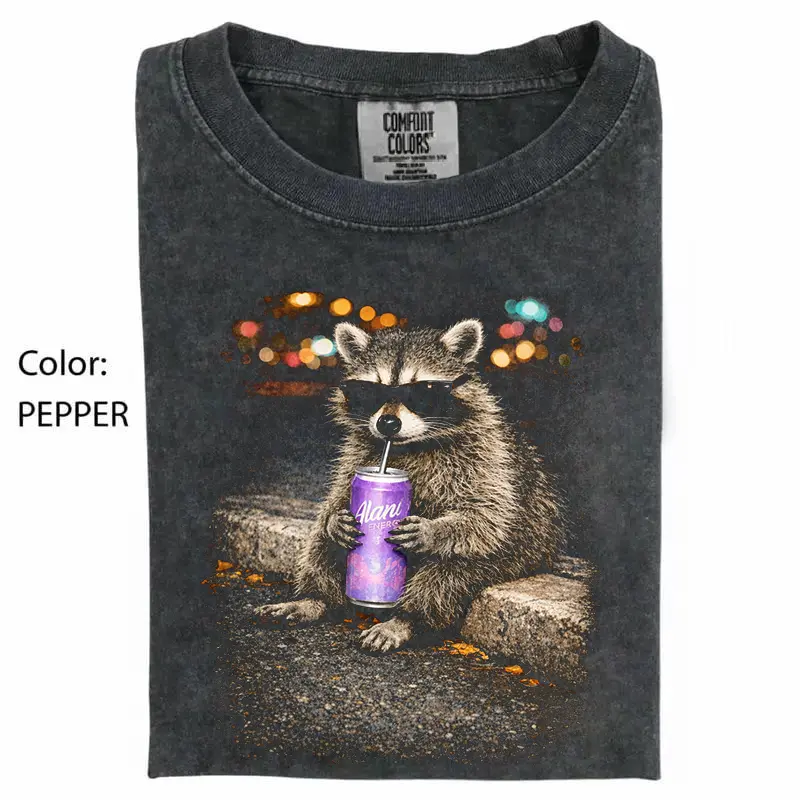 Vintage Raccoons Alani Drink Comfort Colors T-Shirt with funny Gen Z dank meme design, trendy animal graphic tee, cotton streetwear gift for men and women alike.