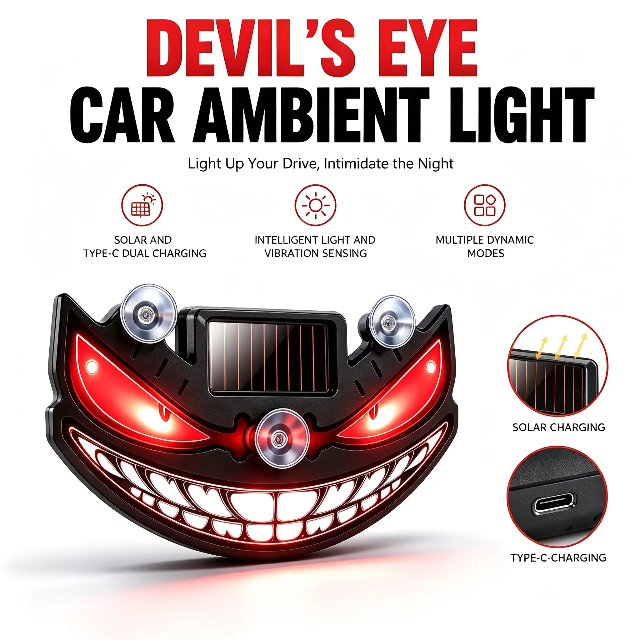 Solar & USB Rechargeable Devil Eye Car LED Light, Wireless Suction Cup Dynamic Demon Eye Atmosphere Lamp with Remote Control, Multi Color Auto Rear Window Decor Light, Universal Accessories for Cars SUVs Trucks