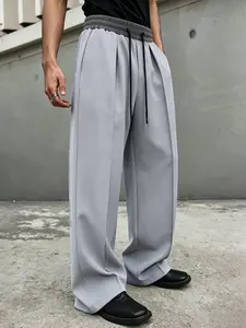 Men’s streetwear light gray wide-leg pants with drawstring elastic waist, loose fit—casual trousers suitable for business casual, commuting, and everyday wear