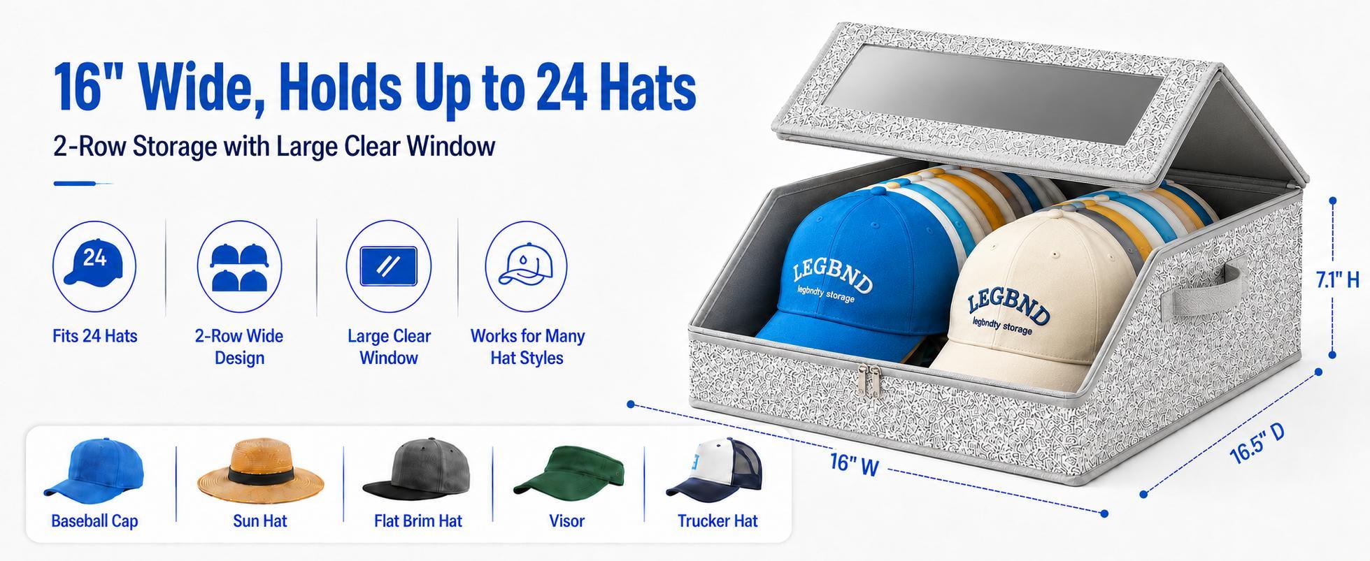 Large Stackable Hat Storage Boxes for Baseball Caps with Handle, Hat Organizer Rack for Wardrobe, Closet, Bedroom, Shelf and Home Organization, Space-Saving Storage for Hats and Men’s Gifts carry