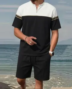 Summer new men's color blocked stand up collar half zip short sleeved+shorts casual breathable two-piece set