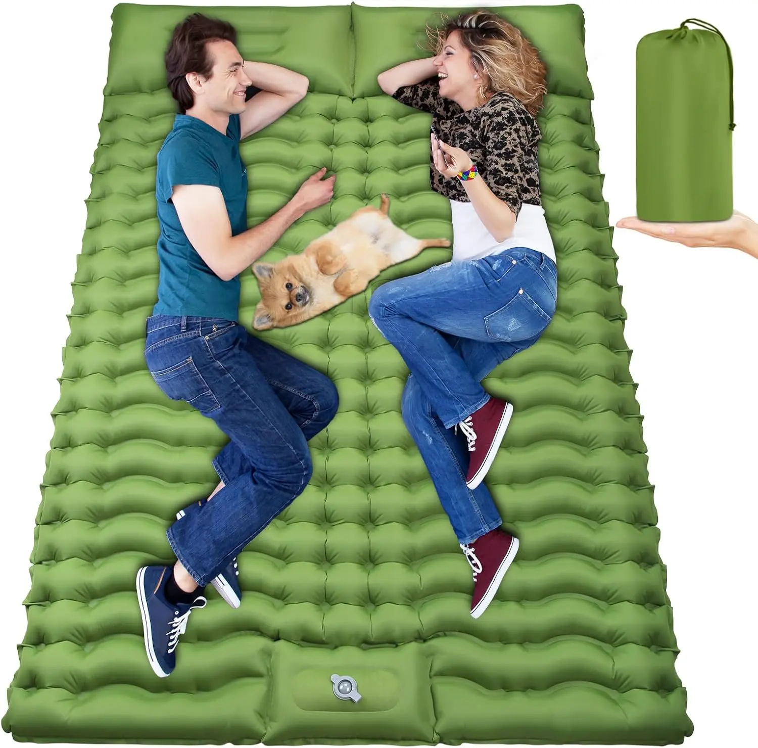 Thick Inflatable Double Camping Sleeping Pad with Built-in Foot Pump and Pillows for 2 Person Portable Camping Inflating Bed