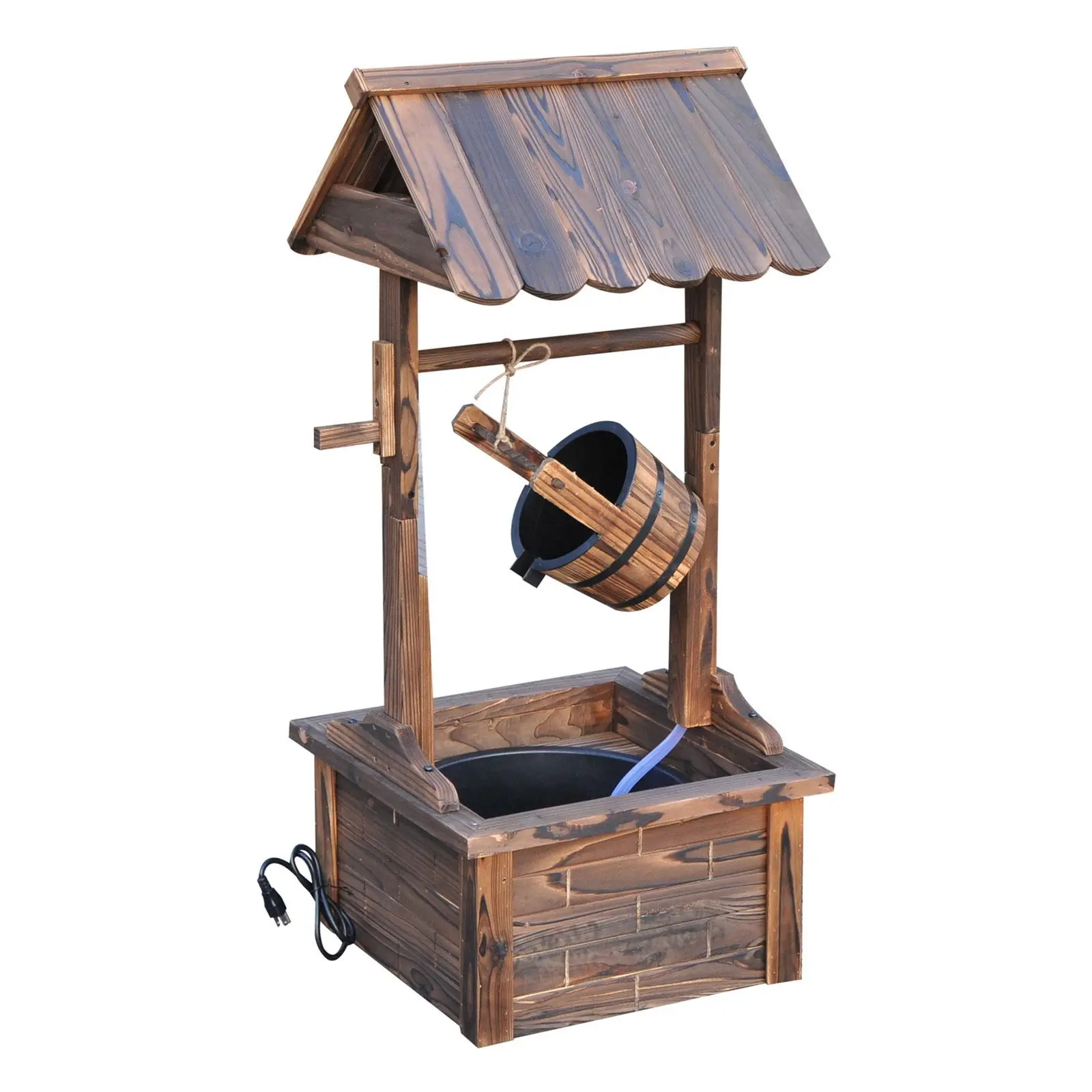 Outsunny Carbonized Finish Rustic Outdoor Wooden Wishing Well, Adjustable Water Flow Rate, Electric Fountain Pump, Water Bucket, for Backyard Patio Fountains, Fountain Pump Fountains
