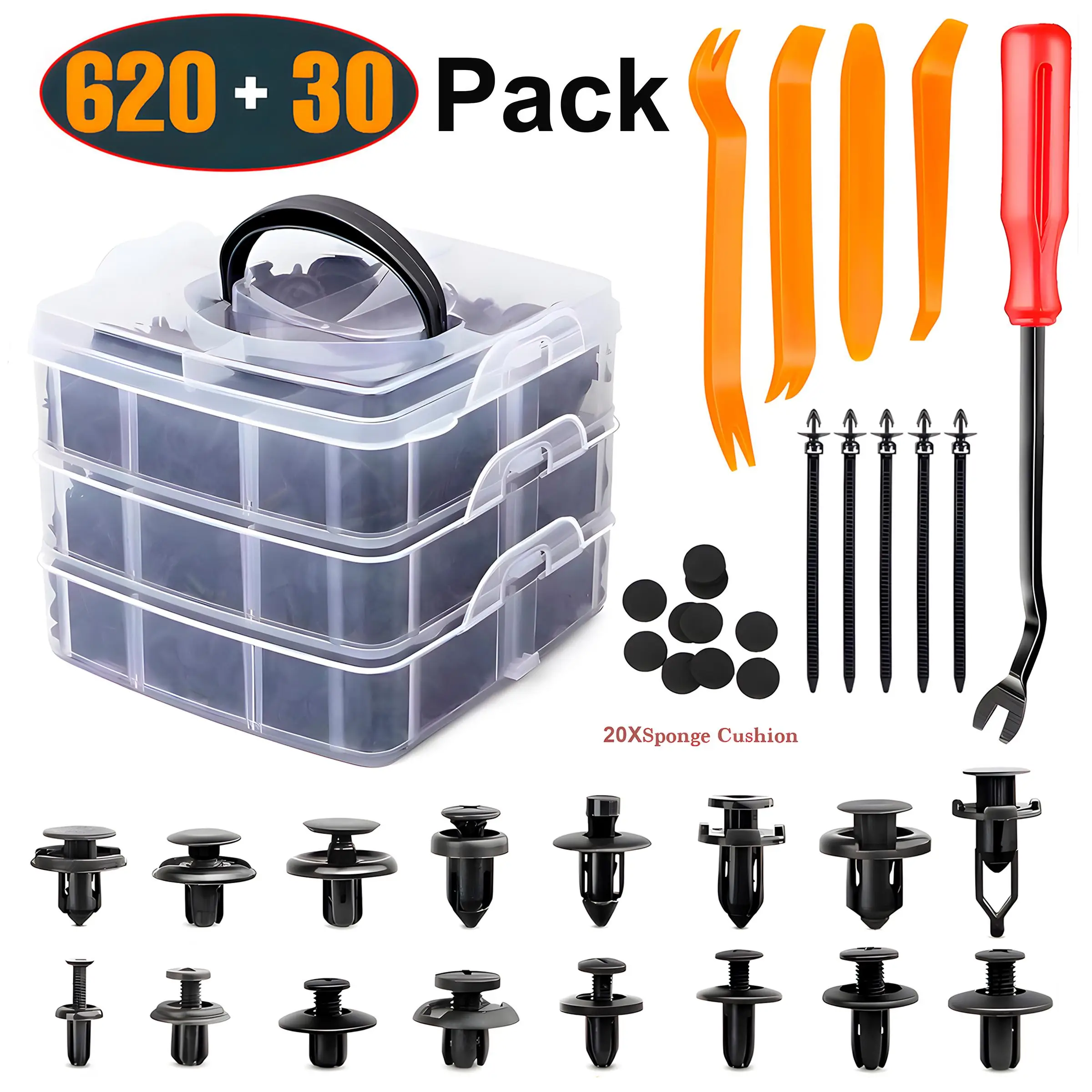 Car Push Retainer Clips, Auto Fasteners Assortment, Vehicle Bumper Fender Rivets with Sponge Cushions & Cable Ties & Fasteners Removers, Car interior