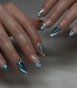 Custom Icy Blue Silver Metallic Gradient Nails with Pearl & Gold Bead Embellishments - Luxury Press on Nails for Winter or Evening Glam