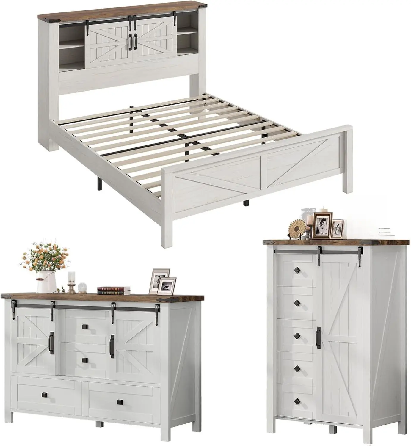 AMERLIFE 3 Pieces Farmhouse Bedroom Set with Sliding Barn Doors, Includes Queen Size Rustic Wood Bed with Bookcase Headboard, 5 Drawer Tall Dresser, 47'' Dresser with 4 Drawers, Distressed White, Wooden Dresser Set, Bedroom Set Furniture