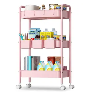 3 Tier Rolling Cart, Metal Utility Cart with 3 Hanging Cups and 4 Hooks, Handle and Lockable Casters, Mesh Rolling Storage Cart Organizer, Easy Assembly for Kitchen Office, Pink Rack Basket