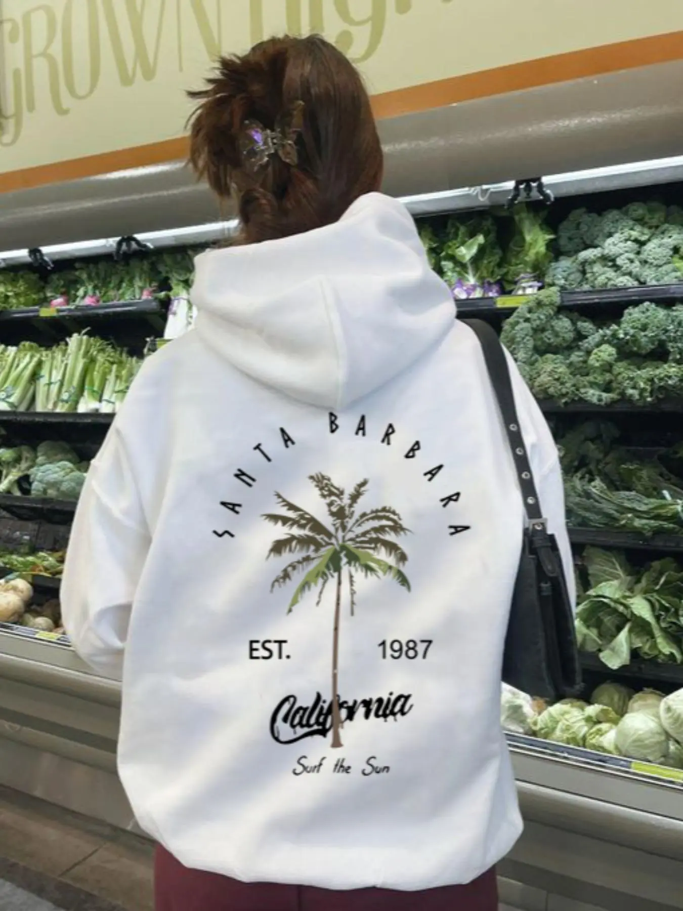 Women's Coconut Tree & Letter Print Drop Shoulder Loose Baggy Oversize Hoodie, Fashion Casual Drawstring Pocket Hooded Sweatshirt for Daily Holiday Outdoor Wear, Women Clothing for Fall & Winter