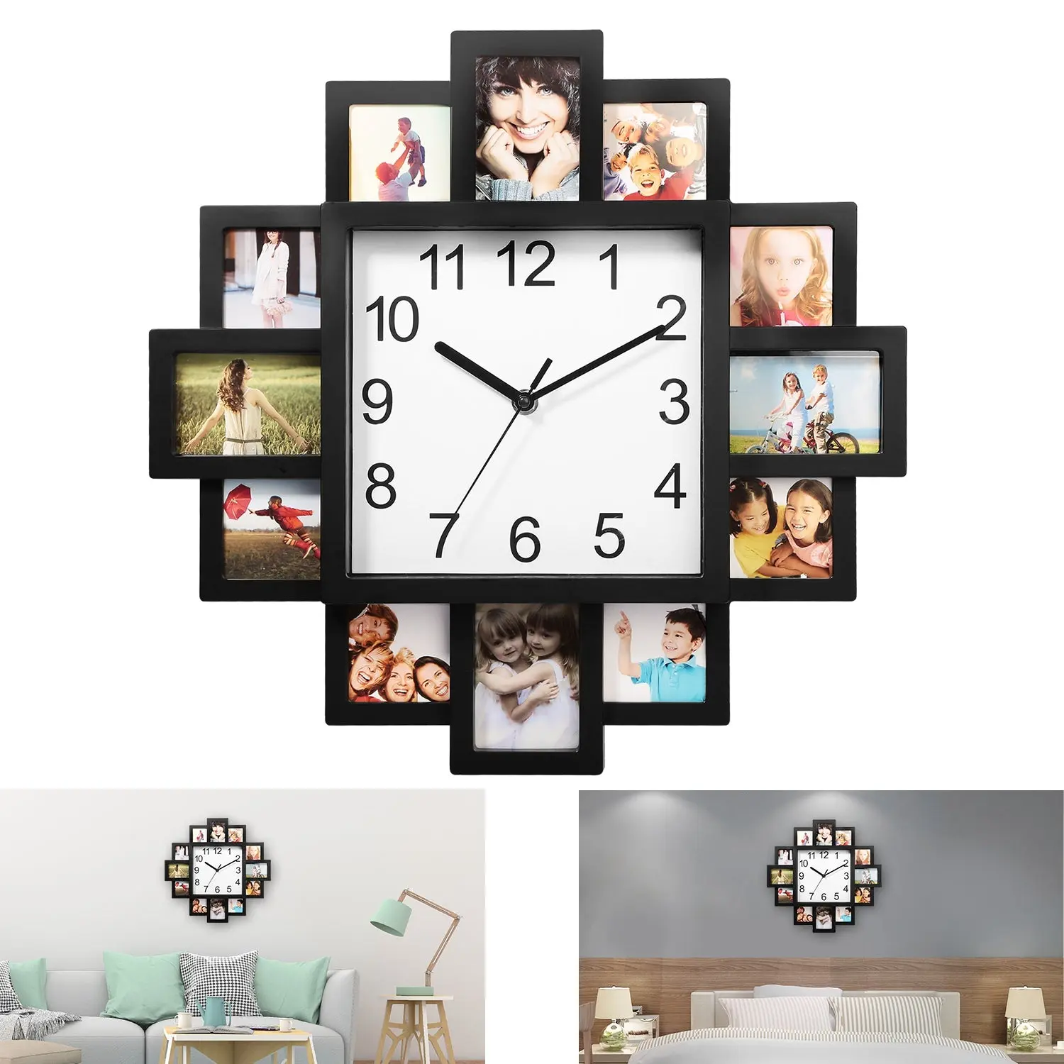 Photo Frame Collage Wall Clock - 12-Picture Display Wall Hanging Home Decor