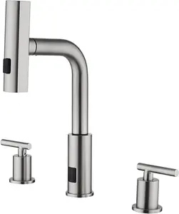 Lefton Waterfall Pull-Out Bathroom Faucet 3 Hole with Temperature Display in Fahrenheit (Battery-Free), 8-inch Widespread Vanity Faucet for Bathroom Sink with 2 Handles