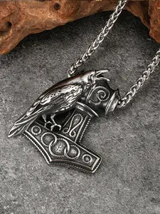 Nordic Viking Relief Raven Thor's Hammer Pendant Necklace - Antique-Style, Vintage Mythology, Rustic Men's Jewelry - Symbolizing Wisdom and Protection - Father's Day - Christmas - The Perfect Gift for Your Boyfriend